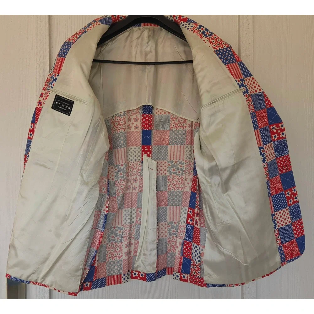 RARE Vintage 70s Patriotic Patchwork Bandana Sport Coat 44R Union Made Tropical